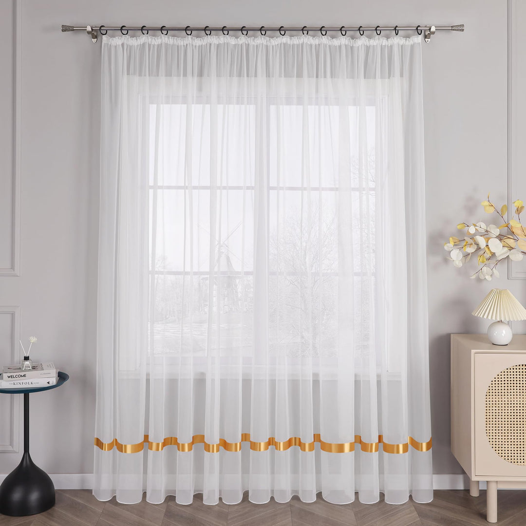 Stores Voile Gardine Schal Transparenter Vorhang mit Satinband Kräuselband H/B 245/300 cm Gelb H245