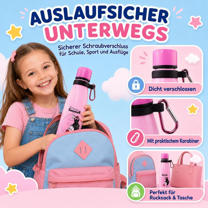 Barbapapa Trinkflasche Kinder 350 ml - Thermosflasche Edelstahl auslaufsicher BPA-frei - Isolierflas