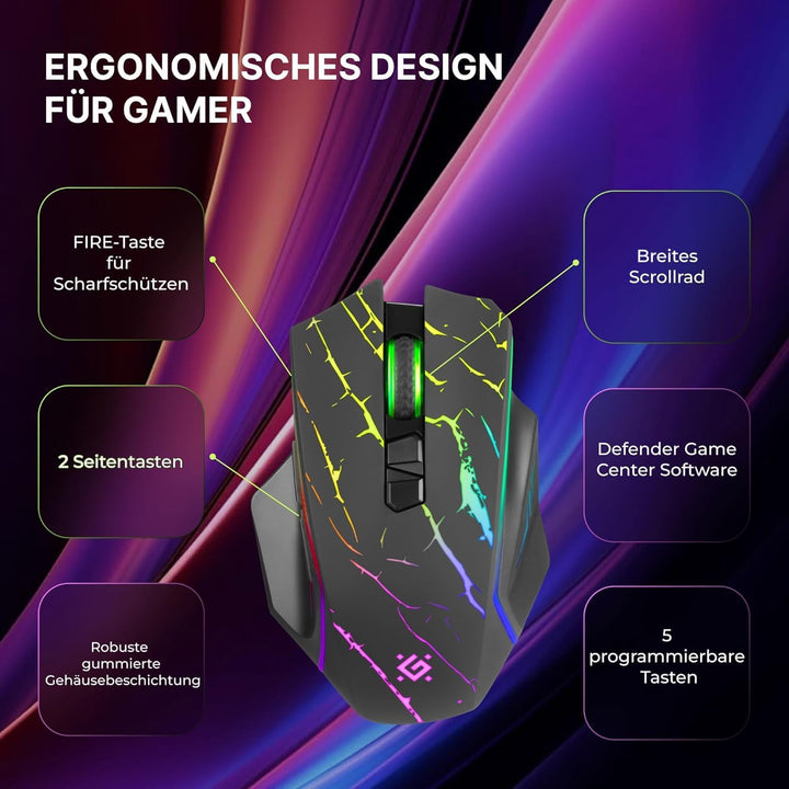Defender® Uran Kabellose Gaming Maus – Wireless Funkmaus mit RGB, 3200 DPI, FIRE-Taste, 5 Tasten & 1