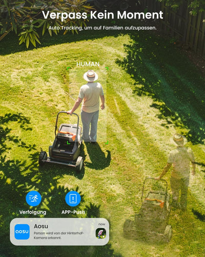 AOSU 2K Solar Überwachungskamera Aussen Akku, Kamera Outdoor mit 360°-Überwachung, Automatischer Per