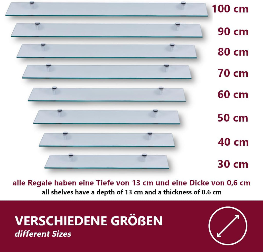 Euro Tische 100cm Glas Wandregal Klarglas, Glas Regal für Badezimmer, Klarglas Duschregal mit 6mm ES