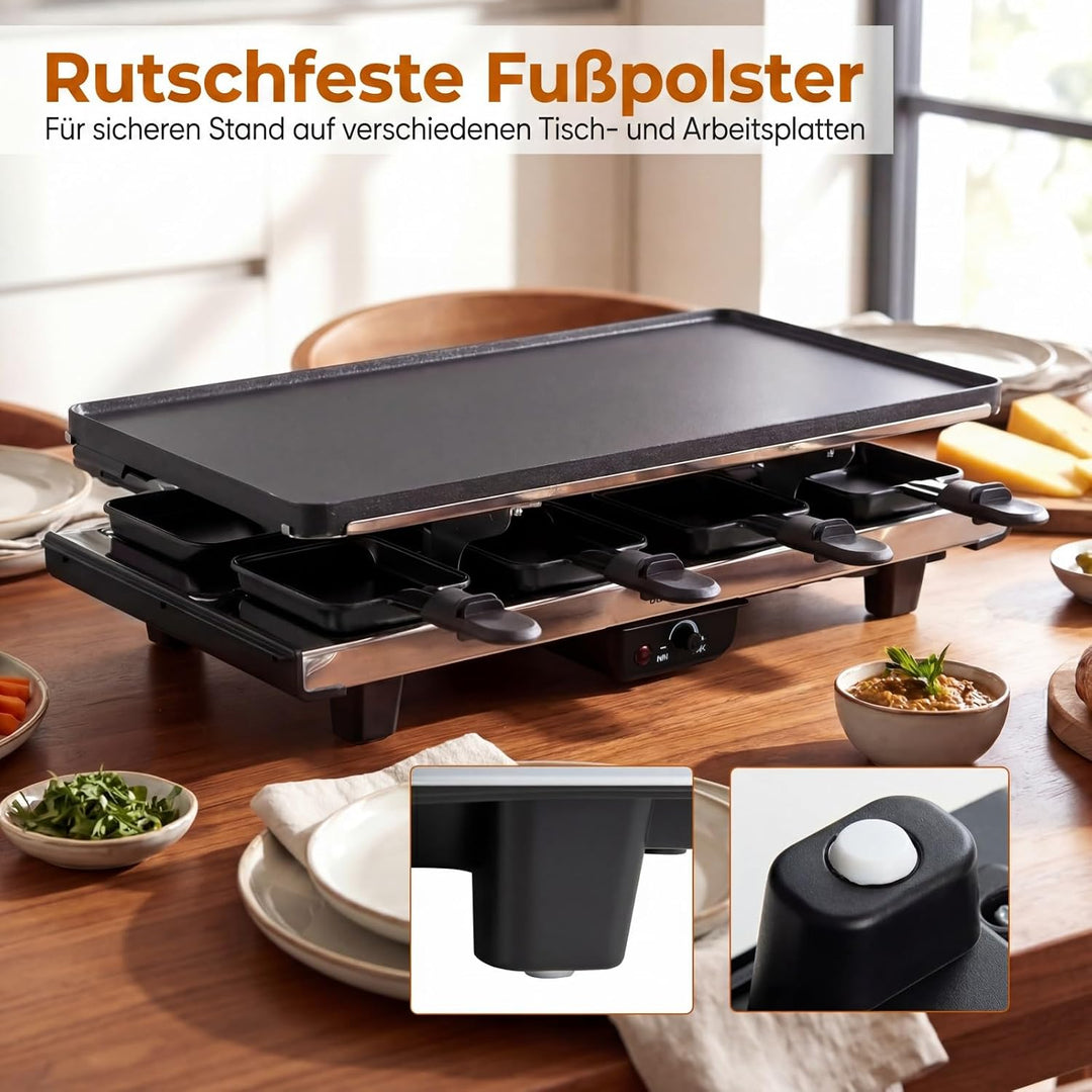 COSTWAY Raclette Grill für 8 Personen, elektrischer Grill mit 2-in-1 wendbarer Antihaft-Grillplatte