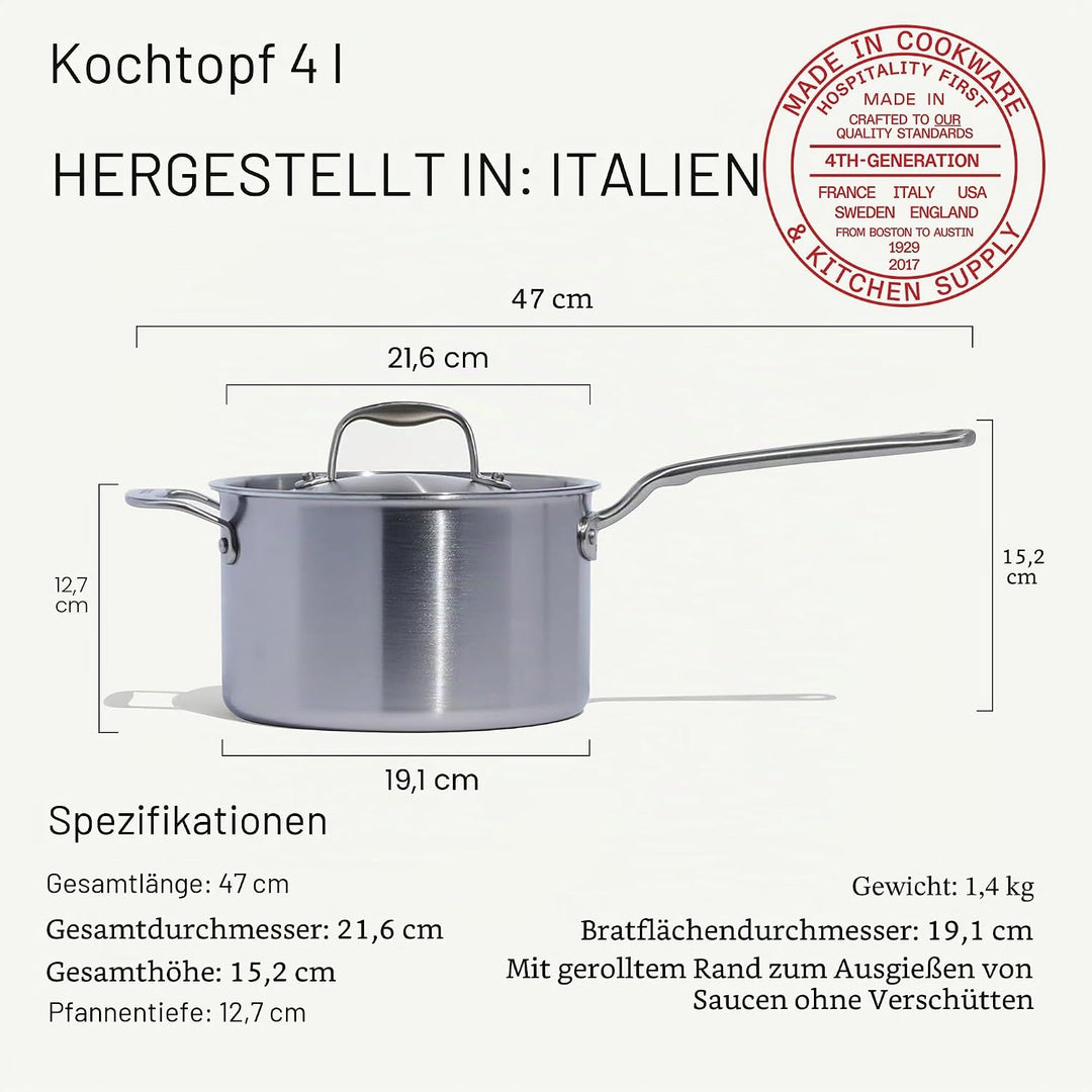 Made In Cookware – 3,79 l Edelstahltopf mit Deckel – 5-lagiger Sossentopf mit Edelstahlbeschichtung