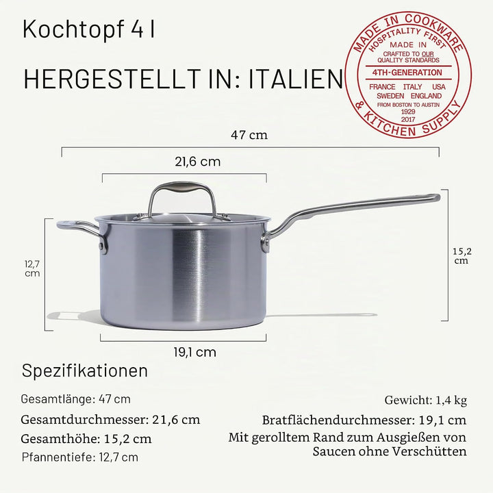 Made In Cookware – 3,79 l Edelstahltopf mit Deckel – 5-lagiger Sossentopf mit Edelstahlbeschichtung