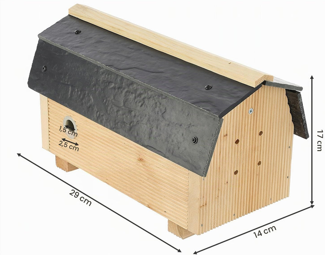 MAZUR Hummelhaus aus Holz | 17x29x14cm | Wetterfest Hummelhotel Haus | Hummelkasten | Hummelpension