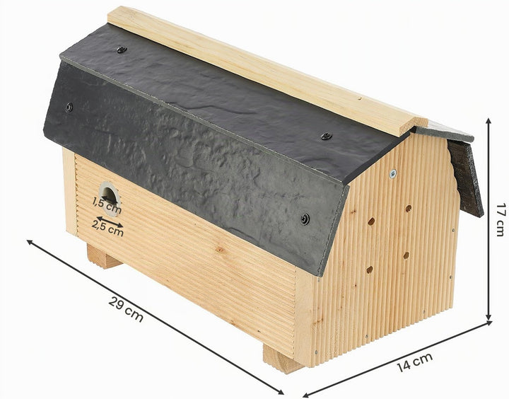 MAZUR Hummelhaus aus Holz | 17x29x14cm | Wetterfest Hummelhotel Haus | Hummelkasten | Hummelpension