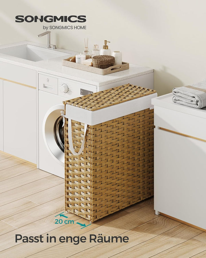 SONGMICS Wäschekorb schmal, Wäschesammler 55 L, Wäschebox aus synthetischem Rattan, mit Deckel und G