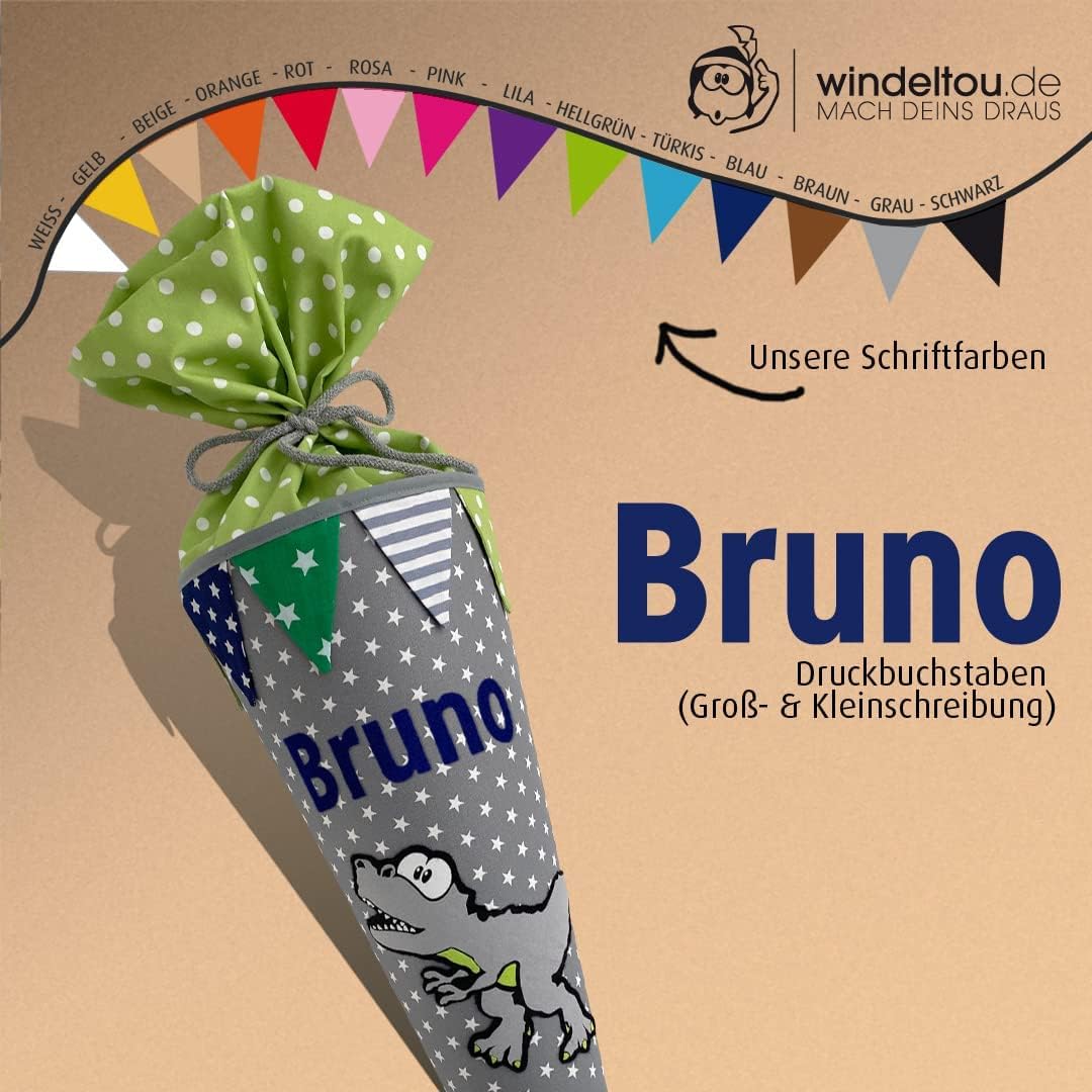 windeltou DINOSAURIER-Schultüte | 70 cm | klassische Schultüte | Stoff, Einschulung, Schulanfang, Zu