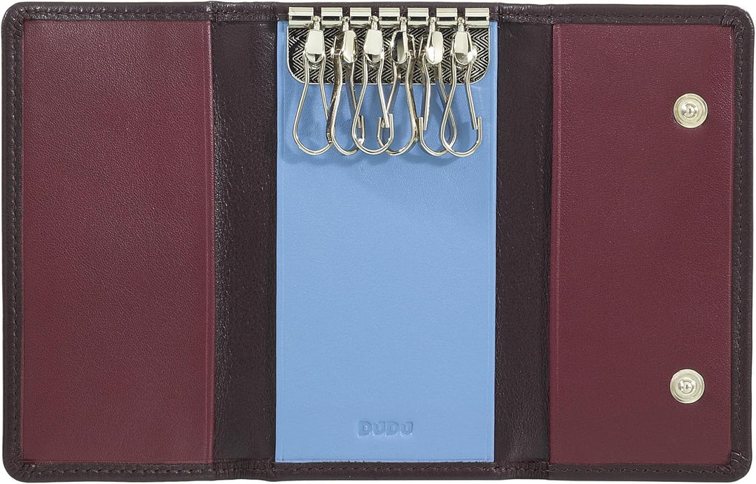 DUDU Klassische mehrfarbige Schlüsselmappe in Leder mit 6 Haken Dunkelburgundy, Dunkelburgundy