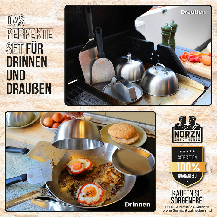 Smash Burger Set – Burger Smasher Set inkl. Hamburgerpresse, Burgerglocke Edelstahl 304, Grillspacht