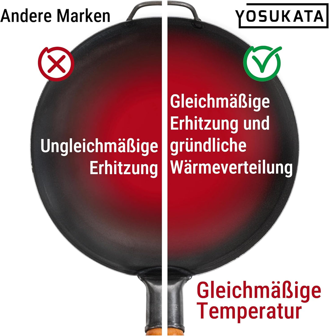 YOSUKATA Karbonstahl Woks &amp; Wokpfannen - 34 cm Voreingebrannter Wok Pfanne Karbonstahl Flacher Boden