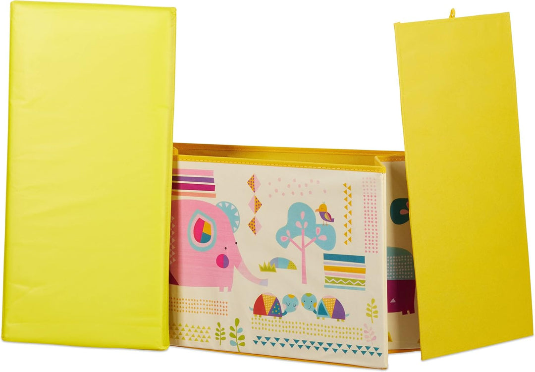 Relaxdays Sitzbox Kinder, Faltbare Aufbewahrungsbox mit Stauraum, Deckel, Motiv Tiere, Jungen & Mädc