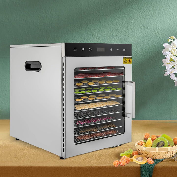 Dörrautomat Edelstahl mit 10 Edelstahlgitter, 800W Dörrgerät mit LED-Bedienfeld, 30-90℃ Temperaturei