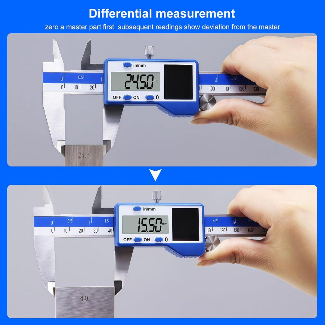 solar-powered electronic vernier calipers, with dual IN/MM scale display, one-second reading, and pr
