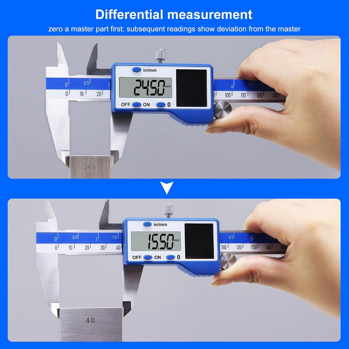 solar-powered electronic vernier calipers, with dual IN/MM scale display, one-second reading, and pr