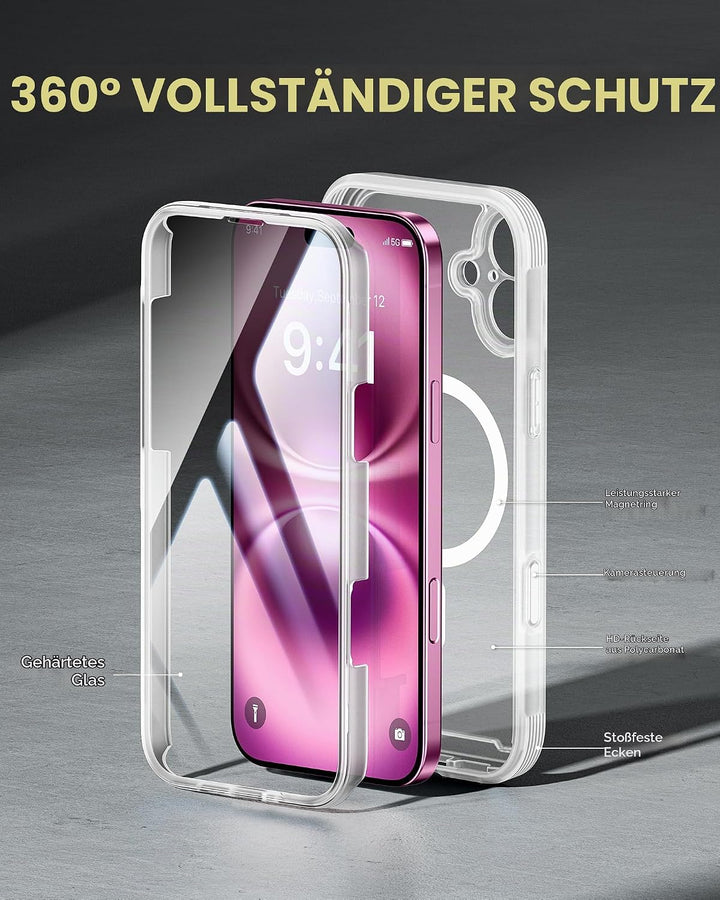 Miracase 360 Grad für iPhone 16 Plus Hülle mit Magsafe, Komplettschutz HandyHülle Magnetisch Stossfe