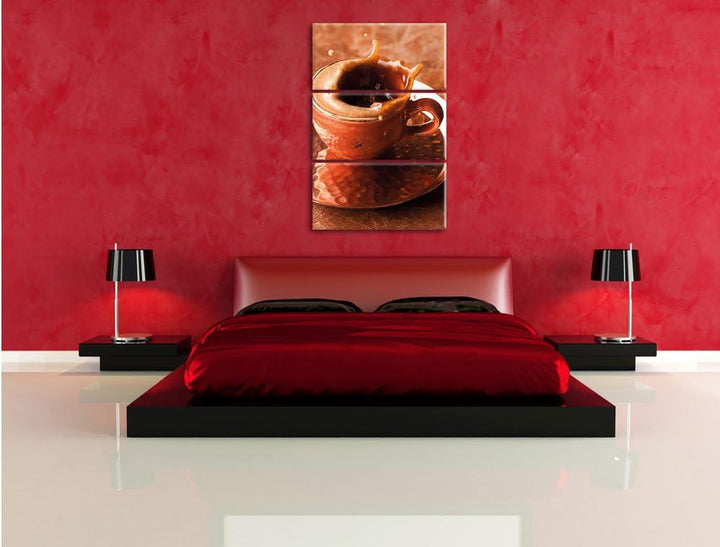 Pixxprint Kaffee spritzt aus Tasse als Leinwandbild/Grösse: 3 Teilig (120x80) cm/Wandbild/Kunstdruck