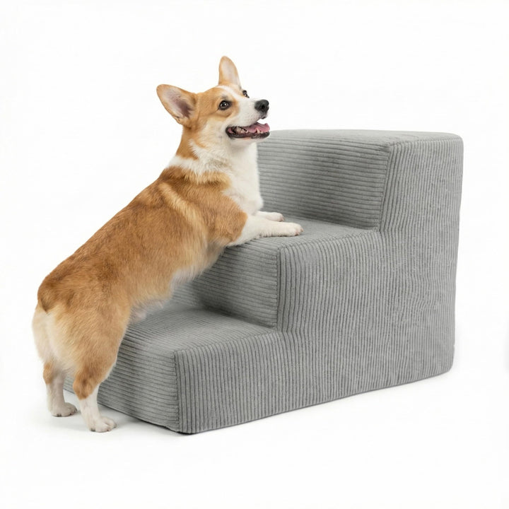 murando Hundetreppe für Kleine Hunde 3 Stufen 30 cm, Cord - Grau | Haustiertreppe für Bett, Sofa, Be