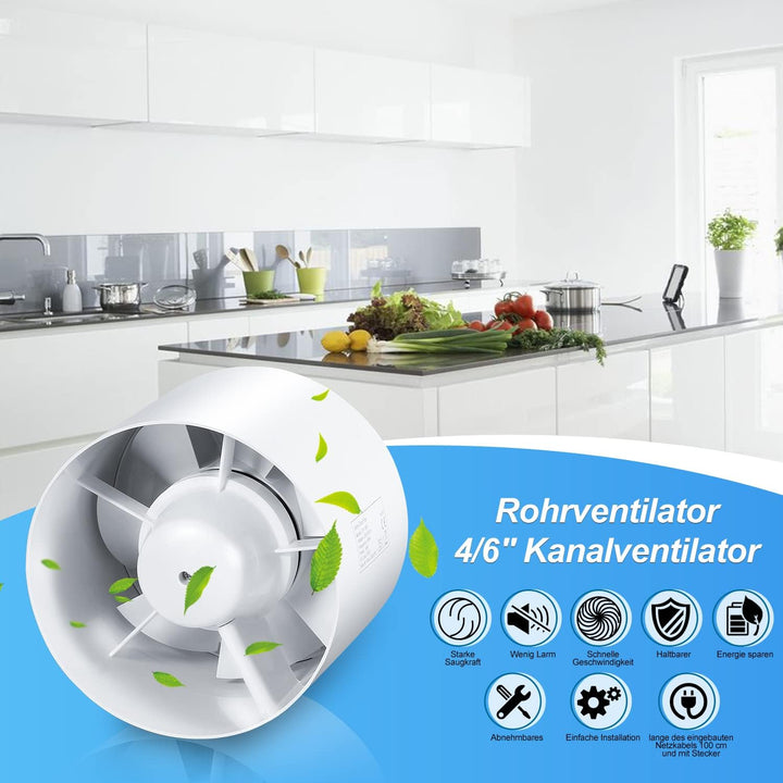 Rohrventilator 100 mm Inline Abluftventilator 130 m3/h Rohrlüfter mit Rückstauklappe und EU-Stecker,