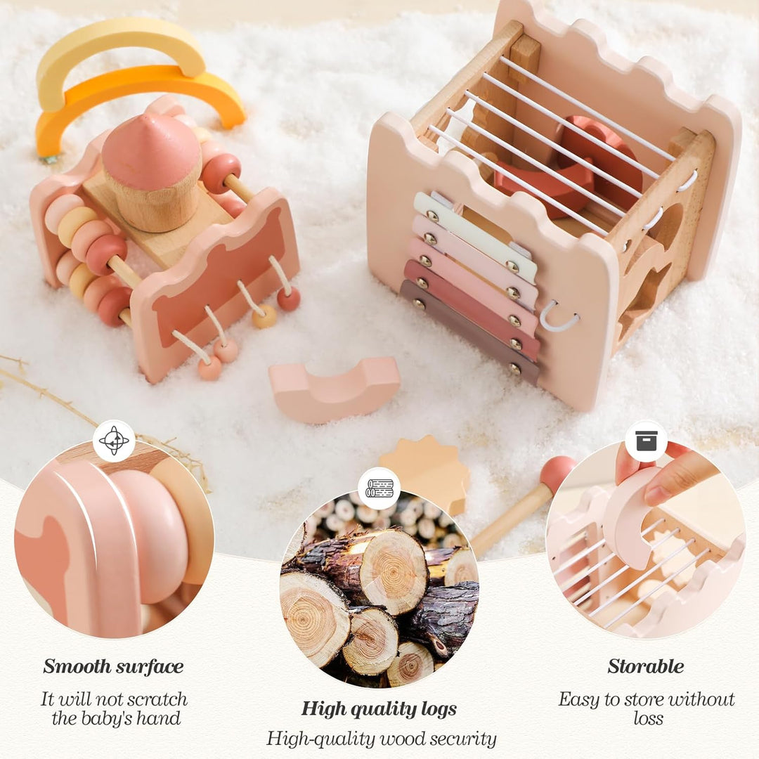 WOODEN TEETHER Montessori Motorikwürfel holzspielzeug Montessori Spielzeug ab 1 Jahr 5 in 1（Rosa Sch