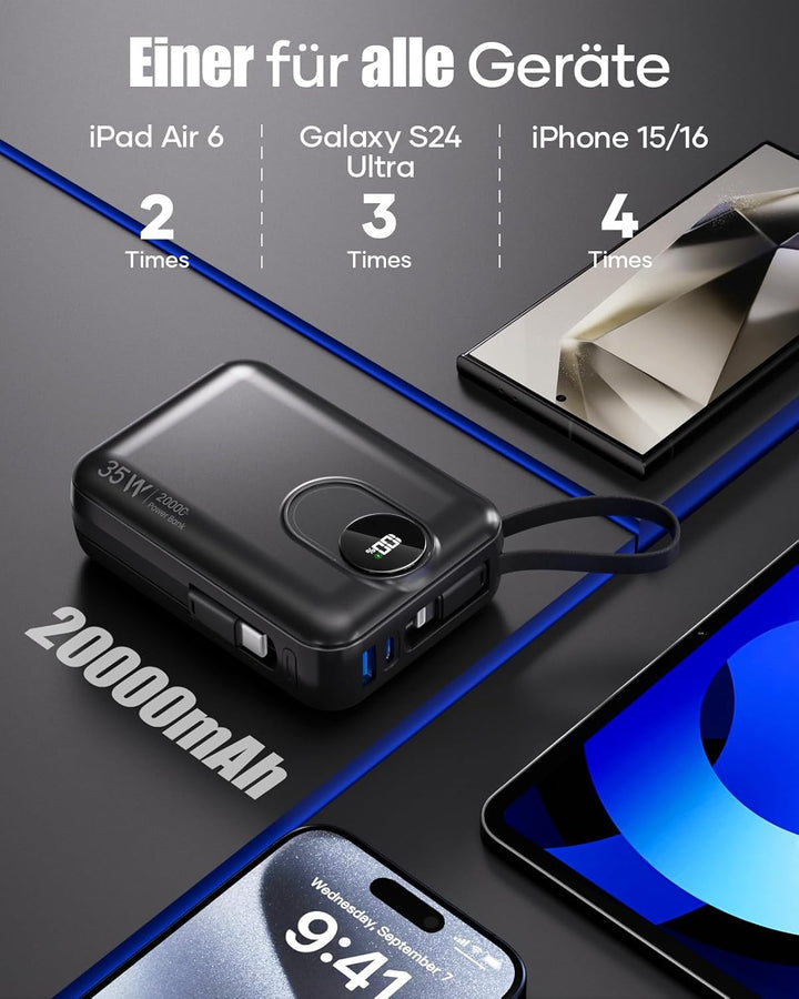 20000mAh Power Bank mit integriertem Kabel: 22.5W Schnell Aufladende Externe Batterie für Handy, USB