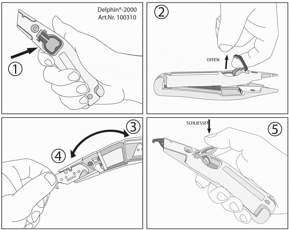 Delphin®-2000 Messer, 1 Delphin®-Hakenklingen, 1 Delphin®-Trapezklingen, Kunststoffköcher, Teppichme