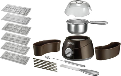 UNOLD 48667 CHOCOLATIER Schokoladen Fondue Schmelztopf inkl. Giessformen mit Zubehör, 2 Heizstufen,