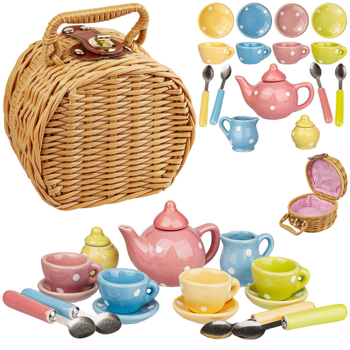 18 TLG. Set Picknick Korb - Puppengeschirr/Teeservice & Kaffeeservice - Bunte Punkte - Geschirr Porz
