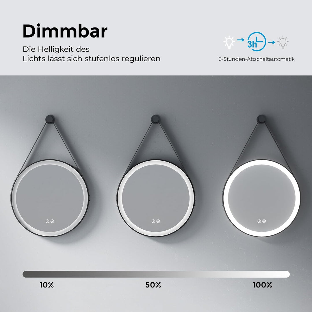 Heilmetz Badspiegel mit Beleuchtung Rund 50cm, LED Badezimmerspiegel mit Licht, 3 Lichtfarben Dimmba