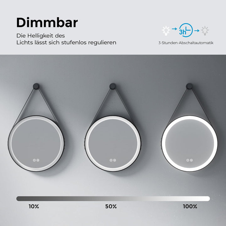 Heilmetz Badspiegel mit Beleuchtung Rund 50cm, LED Badezimmerspiegel mit Licht, 3 Lichtfarben Dimmba