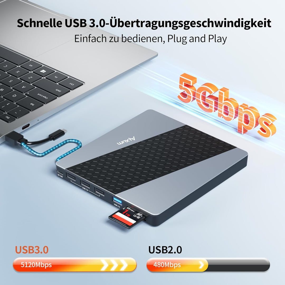 Alxum Externes DVD Laufwerk - USB 3.0 Type C CD Laufwerk extern USB mit SD/TF Kartenleser und USB An