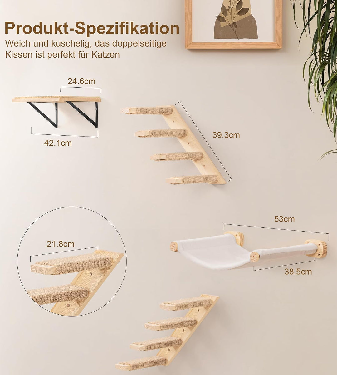 Kletterwand Katzen, Wandmontiertes Katzenhängematte, Katzen Kletterwand Set, Kiefernholz Katzenregal