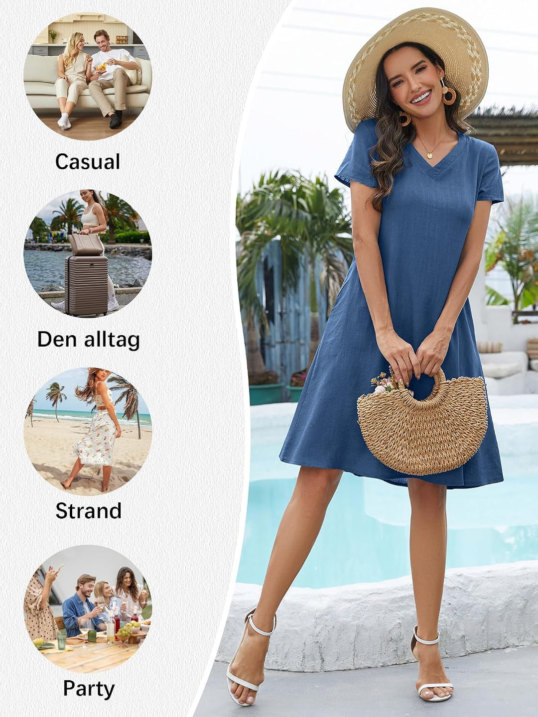 Tincini Sommerkleid Damen Leinen Kleider Casual V-Ausschnitt Midikleid Kurzarm A-Linie Kleid Strandk