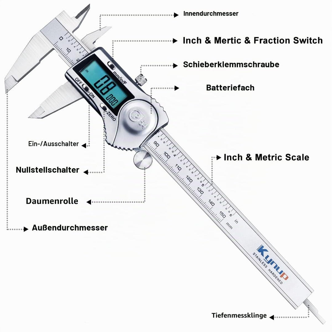 Kynup Digital Messschieber, Schieblehre Messwerkzeuge 150mm Edelstahl IP54 Spritzwasserdicht Staubdi