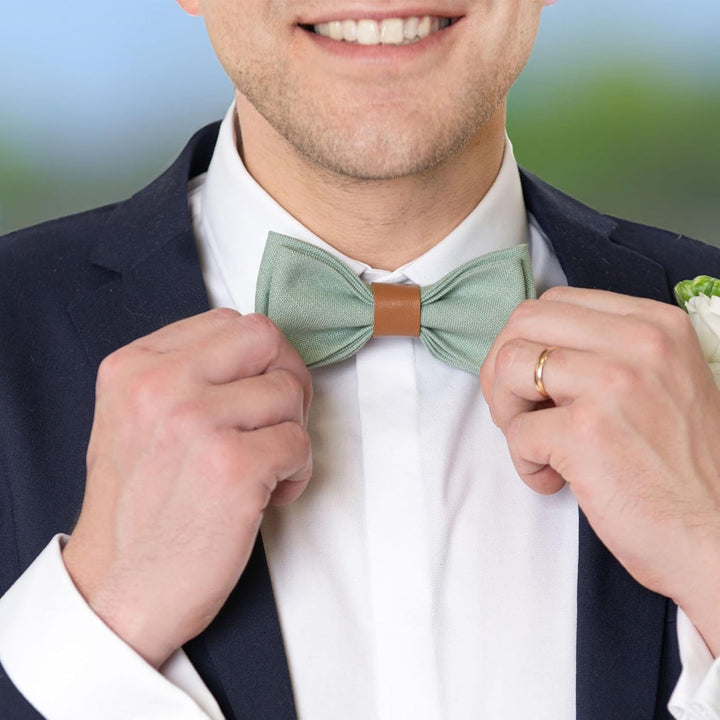 LINILI Leinen Accessoires SET: Fliege und Hosenträger für Herren- mit Leder- Fliege Bereits gebunden