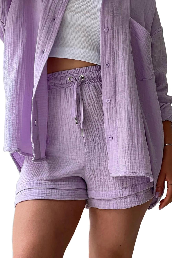 VEVESMUNDO Damen Sommer Musselin Bluse Hemd und Shorts Zweiteiler Set Baumwolle Strand Outfit Set Gr