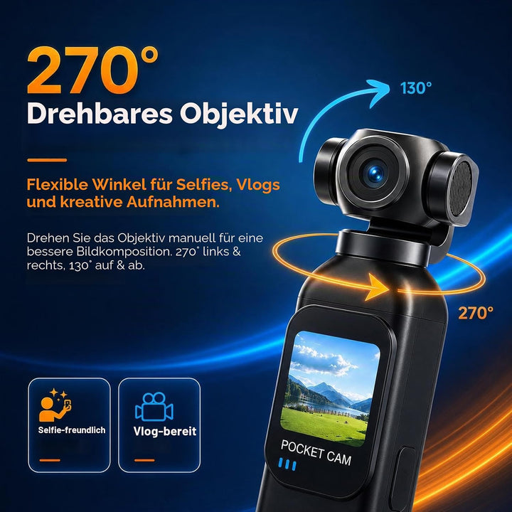 Vlog Kamera 1080P, Mini Pocket Camera/Bodycam mit Ladegriff für Lange Laufzeit, 32 GB Karte, 270°/13