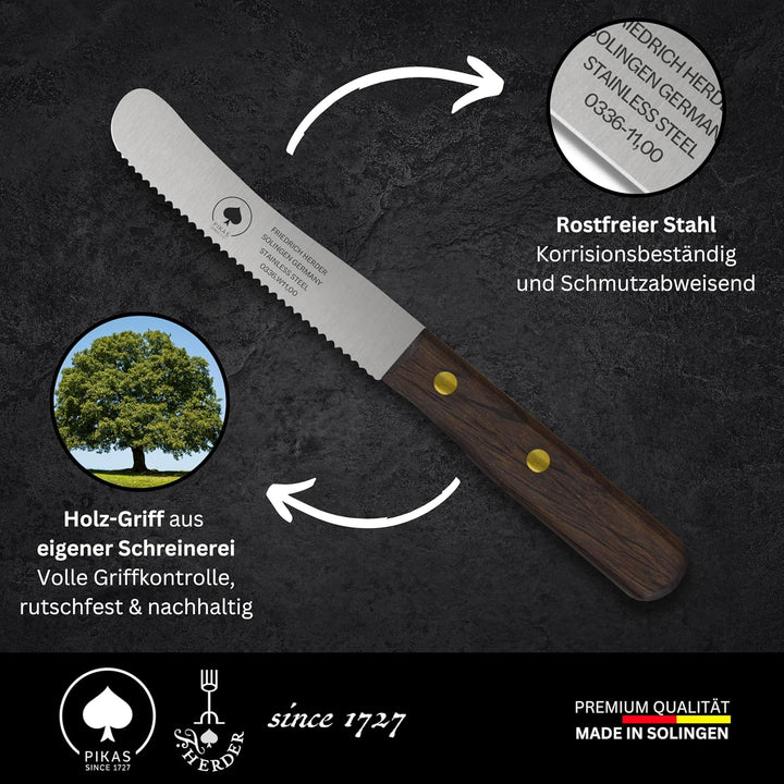 Solingen Messer, 4er Set Räuchereiche Holzgriff, Wellenschliff, Premium Buckelmesser, Klinge rostfre