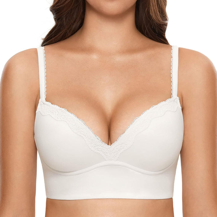 DOBREVA Damen Push Up BH ohne Bügel Soft Gepolstert Bügelloser Bustier mit Spitze 80A Weiss, 80A Wei