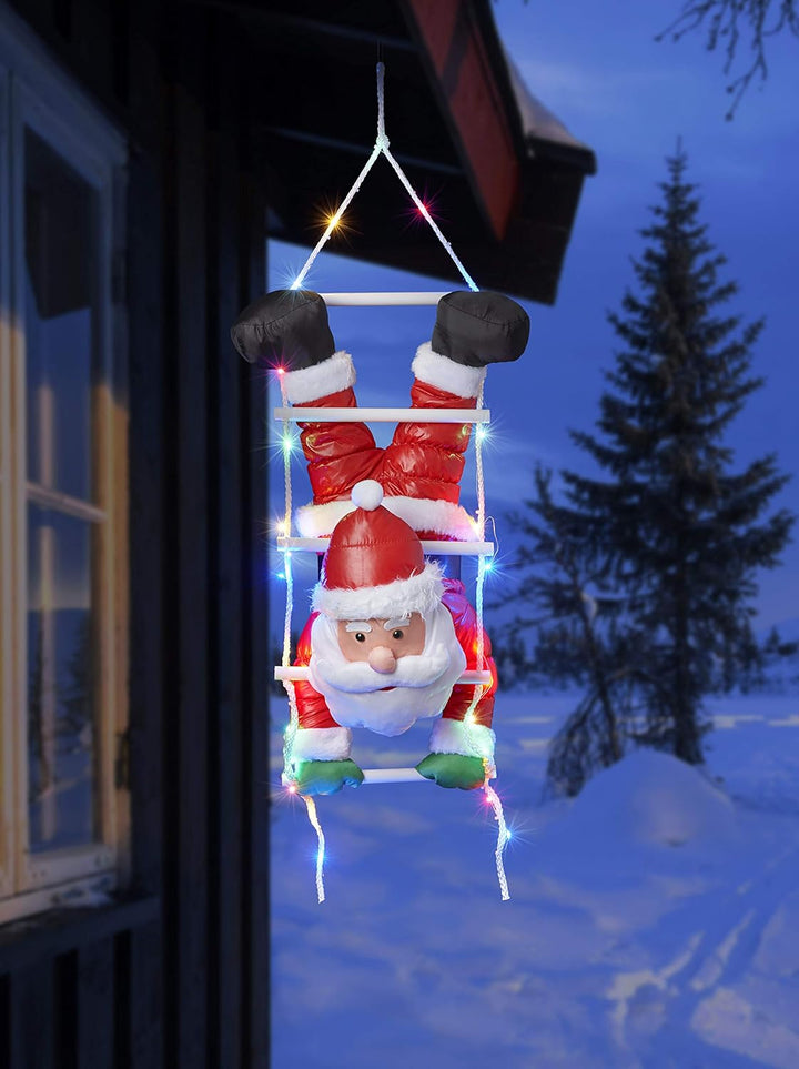 Bonetti Weihnachtsmann kopfüber auf Strickleiter, die Leiter ist mit 30 bunten LEDs beleuchtet, klet