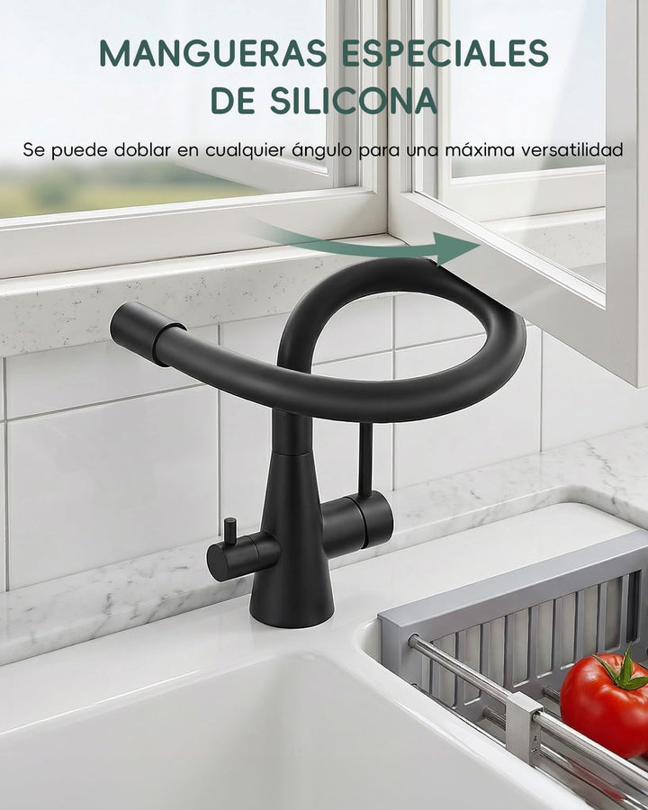 DAYONE 3 Wege Schwarz Wasserhahn Küche Flexibel, 3 in 1 Mischbatterie für Wasserfilter Osmose, 360°