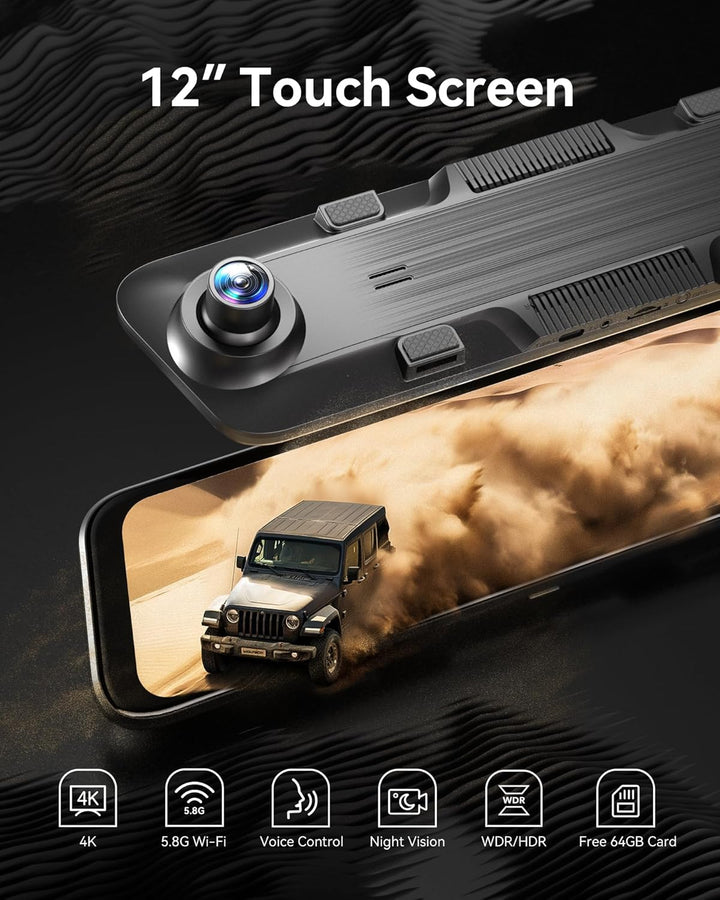 WOLFBOX 12'' G850 4K Spiegel Dashcam mit Rückfahrkamera, Dual Dash Cam Spiegel Auto Vorne und Hinten