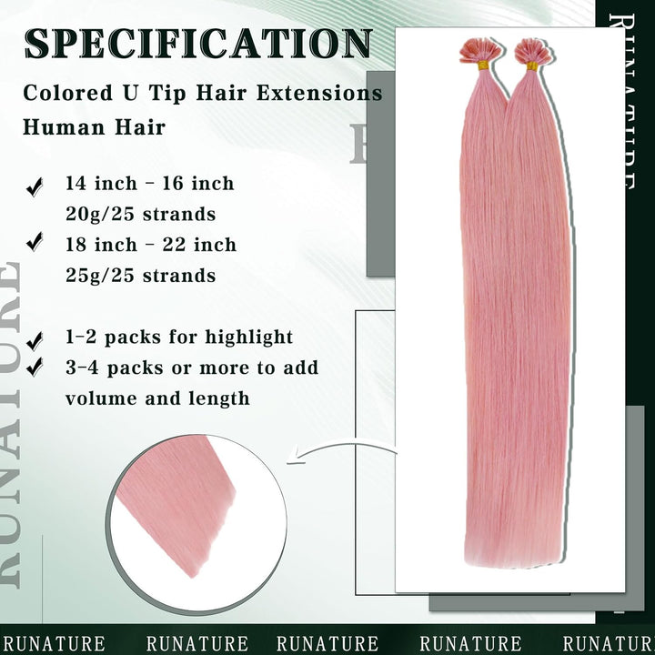 RUNATURE Bonding Echthaar Extensions Pink 45cm Remy Rosa Haarverlängerungen Keratin Echthaar U Tip E