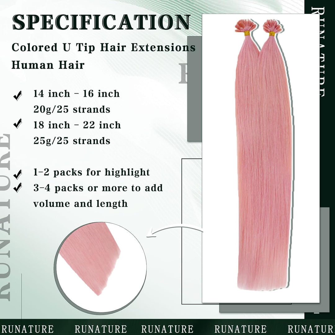 RUNATURE Bonding Extensions Echthaar Rosa 40cm Menschliches Haar Extensions Echthaar Bondings Rosa U