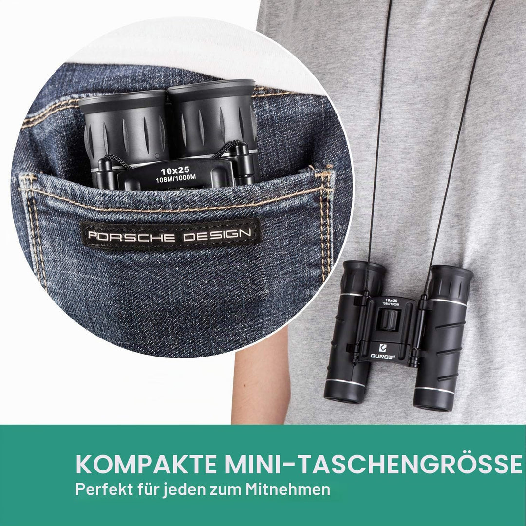 QUNSE Fernglas 10x25 Kleines Fernglas Kompakt Wasserdicht Feldstecher für Kinder Erwachsene mit Trag