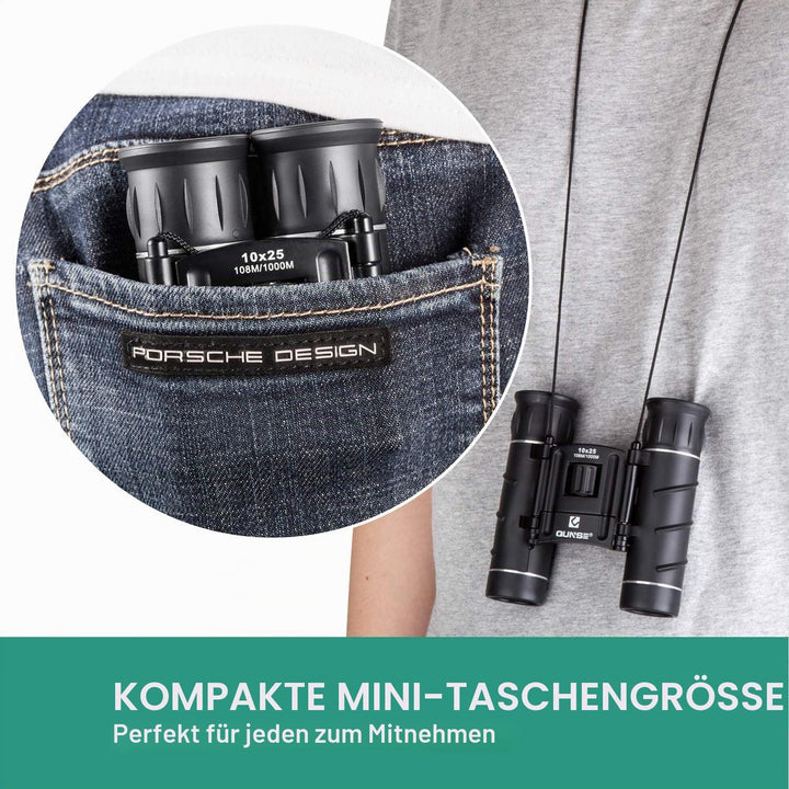 QUNSE Fernglas 10x25 Kleines Fernglas Kompakt Wasserdicht Feldstecher für Kinder Erwachsene mit Trag