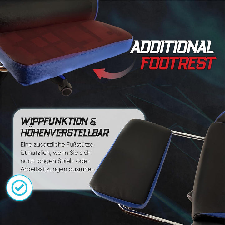 xRace Gaming-Stuhl Hoher Drehstuhl aus Leder mit Lendenwirbelstütze, Kopfstütze und Fussstütze, vers