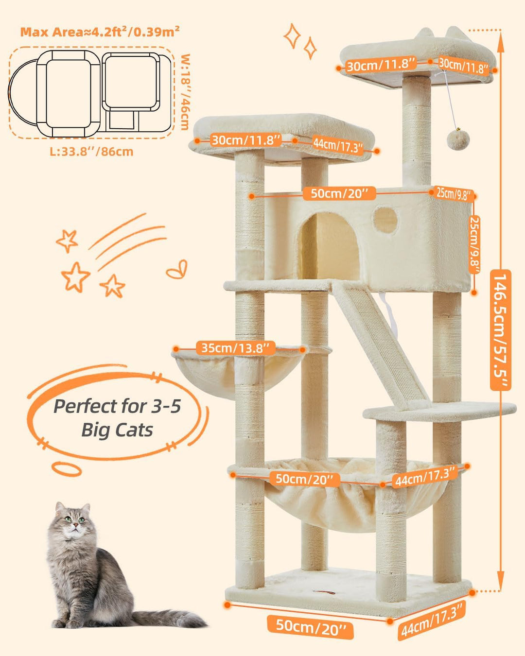 Taoqimiao 146CM Kratzbaum Gross, Katzenbaum Katzen Kratzbaum Grosse Katzen Stabil mit 2 Katzenhaus,