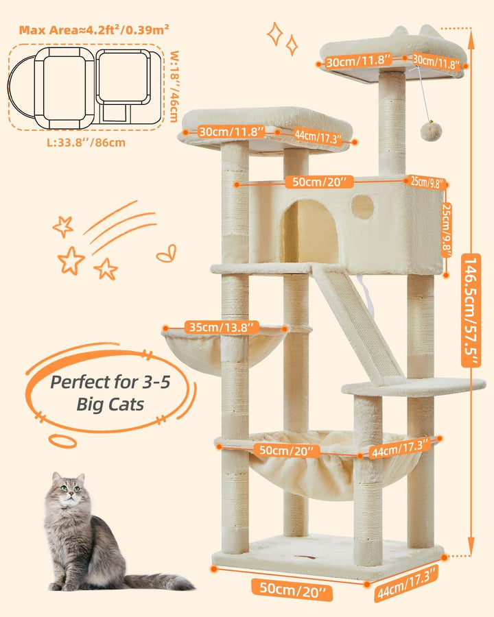 Taoqimiao 146CM Kratzbaum Gross, Katzenbaum Katzen Kratzbaum Grosse Katzen Stabil mit 2 Katzenhaus,