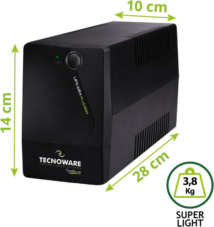 Tecnoware UPS 650VA für PC/Modem, Nicht für Gaming/Konsole, ERA Plus USV, 2 Schuko, Schutz vor Strom